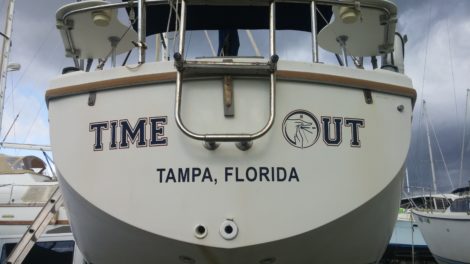 "Timeout" Coast Guard registered transom lettering installed in St Petersburg, FL