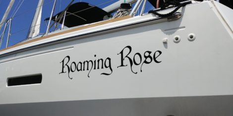 Vinyl boat name installed on Sailboat at Marine Max St Petersburg