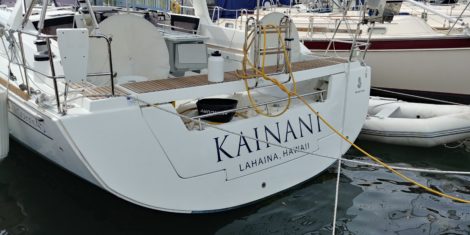 Coast Guard Registration Boat lettering installed at St Pete Municipal Marina on Oceanis 45 sailboat