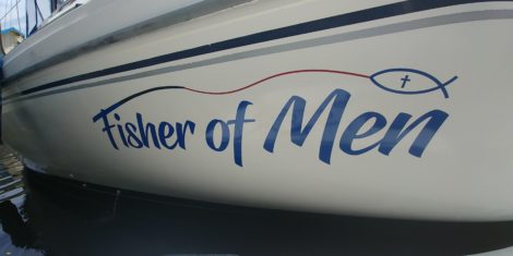 Christian vinyl boat name "Fisher of Men" with artwork