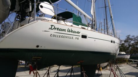 "Dream Weaver" Sailboat name installed on the hard in Saint Petersburg FL