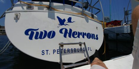 "Two Herons" custom vinyl boat name installed in Saint Petersburg FL